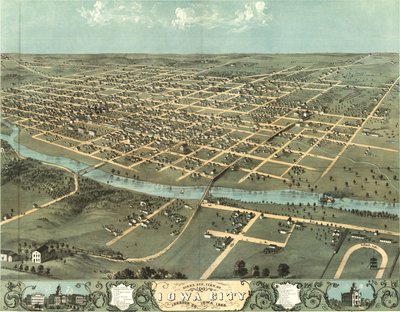 Een vogelvlucht van Iowa City, Iowa in 1868 door Albert Ruger
